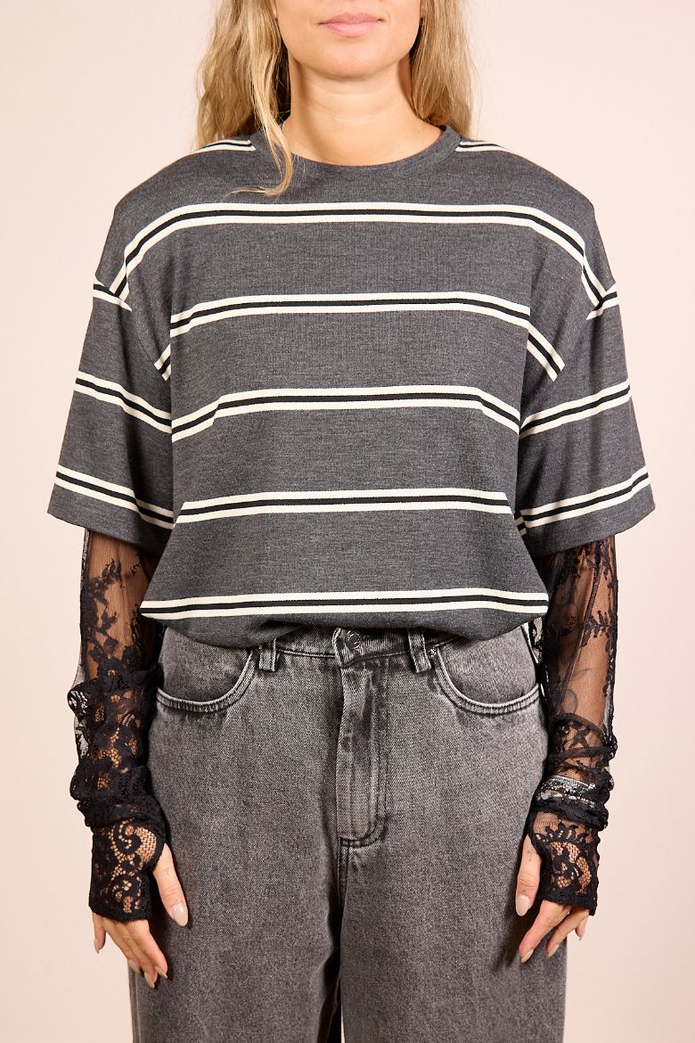 Immagine di T-SHIRT RIGHE MANICA PIZZO