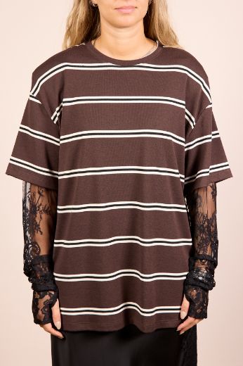 Immagine di T-SHIRT RIGHE MANICA PIZZO