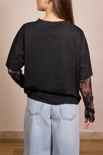 Immagine di T-SHIRT MANICA PIZZO - Disponibile in ROSA, NERO, GIALLO, BIANCO, VERDE SALVIA, MORO