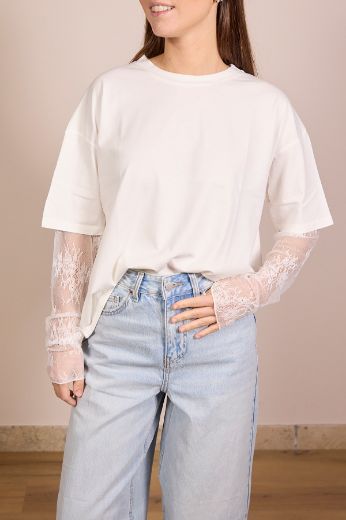 Immagine di T-SHIRT MANICA PIZZO - Disponibile in ROSA, NERO, GIALLO, BIANCO, VERDE SALVIA, MORO