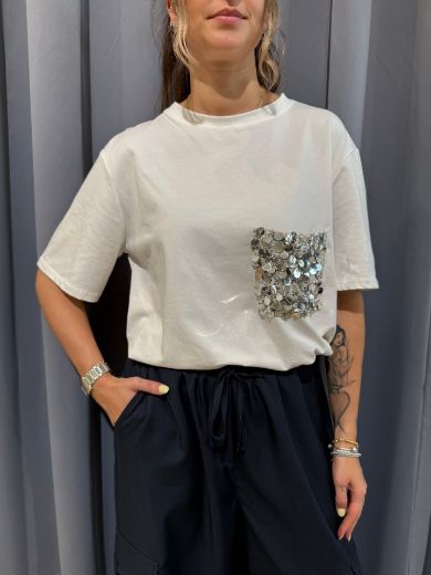 Immagine di T-SHIRT TASCHINA PAILLETTES - Disponibile in NERO, BIANCO